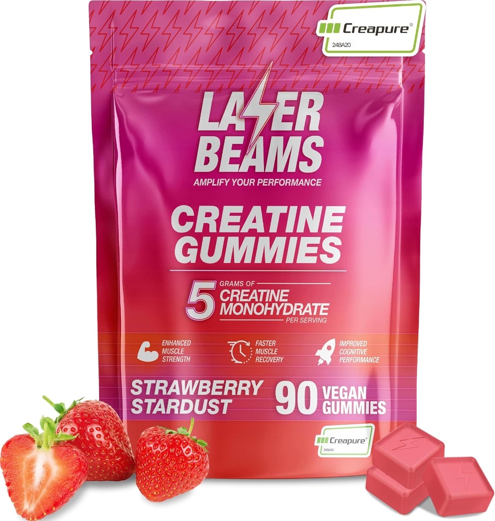 Creatine Monohydrate Gummi - 5g Creapure Creatine per Servieren - Vegan - Boost Muscle Strength, Endurance, Recovery & Mental Focus - 90 Gummie, Glutenfrei (Strawberry)
