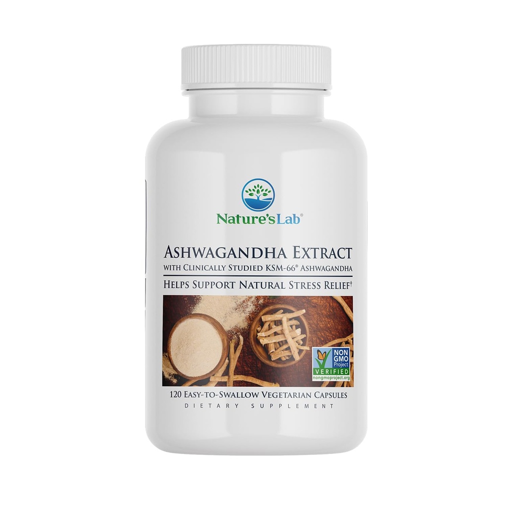 Nature's Lab Extra Strength Ashwagandha KSM 66 Extract - 5% Withanolides, Pure Organic Ashwagandha Root Powder - Unterstützt Stress-Relief, Fokus und Kraftunterstützung* - 120 Ct (60 Tage Versorgung)