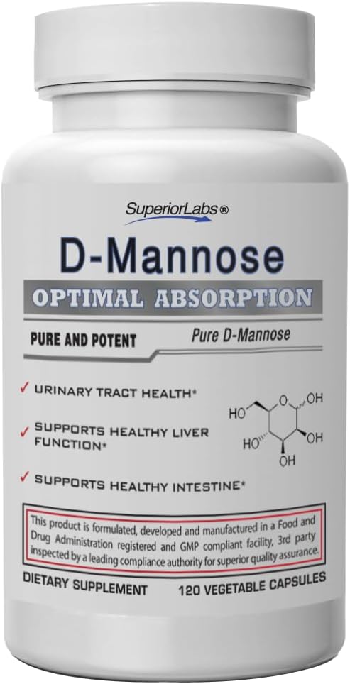 Superior Labs D-Mannose 500 mg, Pure Non-OGM Absorption optimale Prébiotique, Urinaire Tract, Bladder & Rein Support UTI, Digestive & Foie, IC Relief for Women & Men, 120 Veg Caps