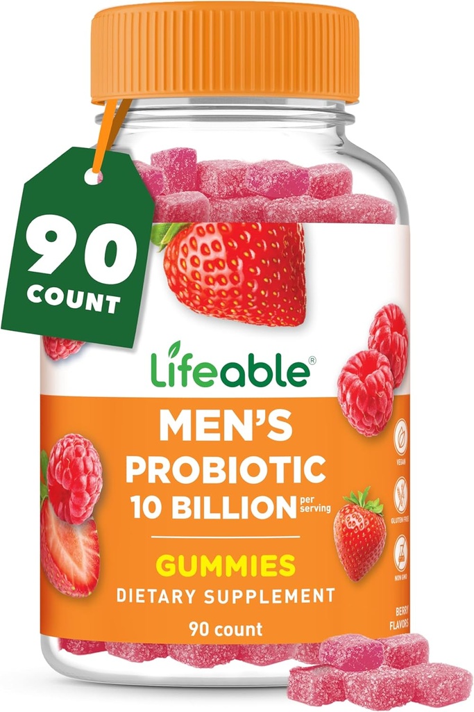 Lifeable Probiotics for Men | 10 Billion CFU | Great Tasting Mens Probiotic Gummies | Vegan Probiotic for Gut Health and Immune Support | Probiotics Gummies for Men | 90 Gummies