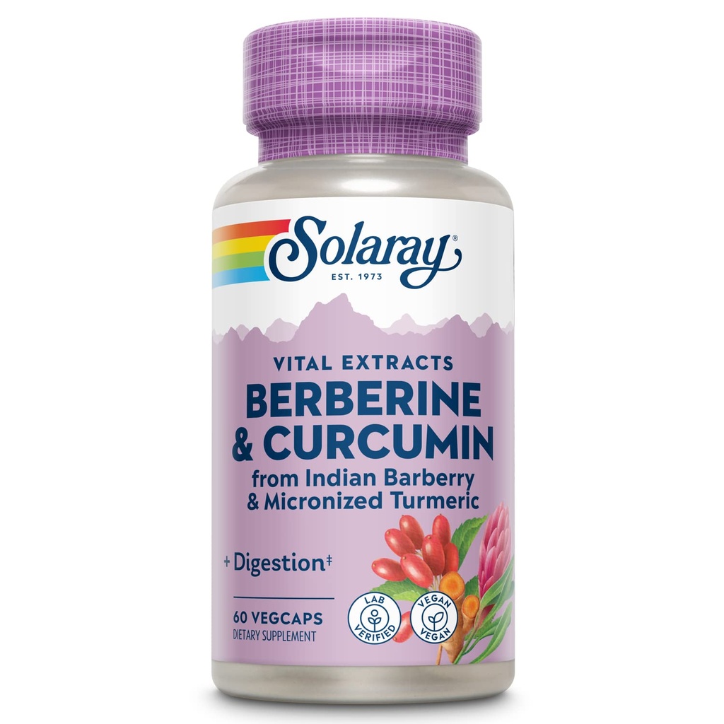 SOLARAY Berberine & Curcumin - Supplément curcuma berbère avec 20 % de Curcumin micronisé de la racine curcuma - Herbal Wellness Support - Non-OGM, végétalien, sans gluten, garantie de 60 jours, 60 portions