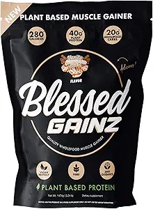 BLESSED Gainz Vegan Protein Powder Mass Gainer - Polvere di proteine a base di piante 40g - Shake di sostituzione del melo con polvere di proteine di Pea - Shake proteico vegano - 40 Servings (Vanilla Cinnamon Swirl)