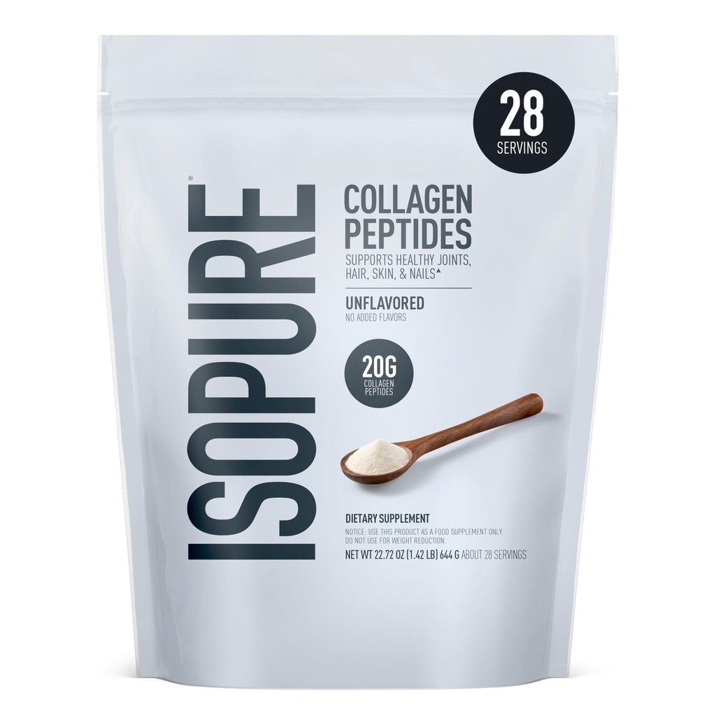Isopure Collagen Peptide Pulver, fördert Haar, Nagel, Haut und Gelenke Gesundheit, mit Vitamin C und Biotin, Unflavored, 20g Collagen Peptide pro Servierung, 1.42 Lb, 28 Servierungen (Packaging May Vary)