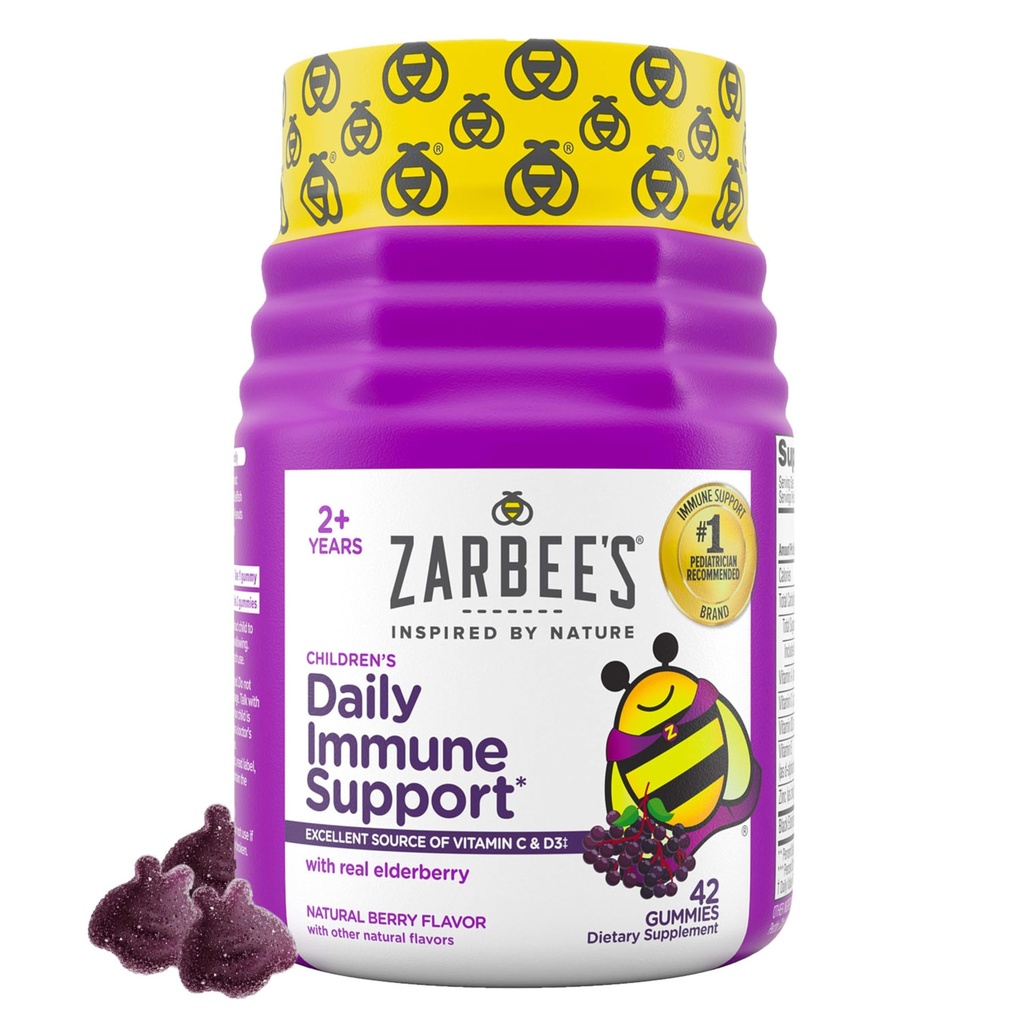 Zarbee-S Supplément de soutien pour enfants Immune de la mûre aînée Gommies, vitamines A C D3 E & zinc, extrait de la mûre aînée, sans gluten et gélatine, sans arômes artificiels, saveur de baie naturelle, 2+ ans, 42 Ct