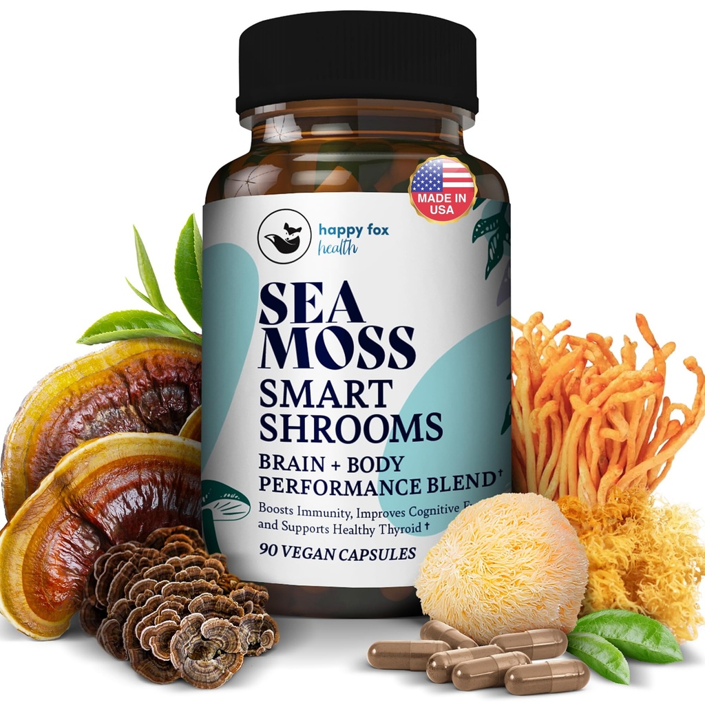HAPPY FOX Irish Sea Moss Capsules & Champignon Complexe - Seamos bio avec Adaptogènes pour la santé du cerveau, 1500mg, 90 Capsules Vegan, Supplément de Champignon Biologique