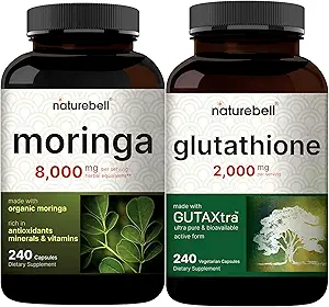 NatureBell Moringa Oleifera 8000mg Per Serving & Glutathione Supplemento 2.000mg Per Serve Bundle Pack | Realizzato con Polvere di foglie di Moringa Organica | Antiossidante Master