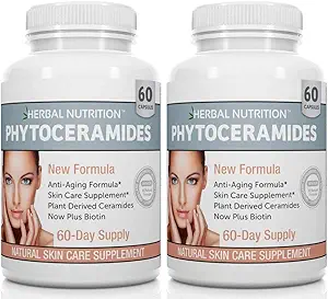 Phytoceramides Rice Basato con Biotin Anti Aging Supplement, Rimozione delle rughe e idratazione facciale con Phytoceramides Vitamina A, C, D ed E, Due Bottiglie, 120 Capsule 40mg, Gluten Free
