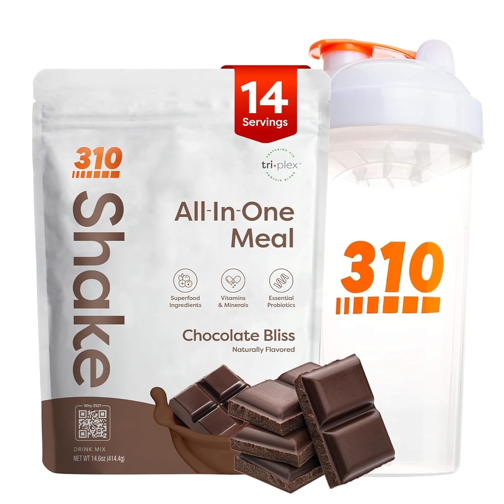 310 Nutrition All-in-One repas de remplacement Shake Powder w/Shaker Cup Starter Kit - Haute protéine fibre riche mélange végétalien Superfood - sans sucre, Keto & Paleo Friendly, Faible Carb - Chocolate Bliss 14 srv
