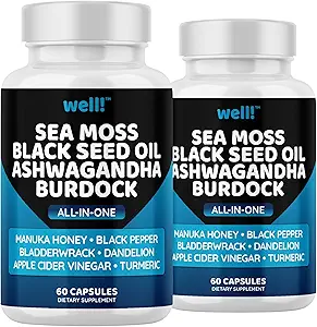 Sea Moss 3000, Black Seed Oil 2000, Ashwagandha 1000, Bladderwrack, Maca, Turco - Manuka Honey, Dandelion & Black Pepper, Super Antiossidanti Supplemento -120