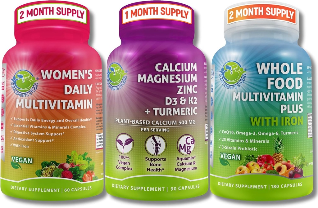 Vegan Multivitamine & Calcium Trio–Whole Food Multivitamin mit Iron + Women’s Daily Multivitamin mit Eisen + pflanzenbasiertem Calcium, Magnesium, Zink, D3, K2 & Turmeric – Energie, Knochen & Immununterstützung