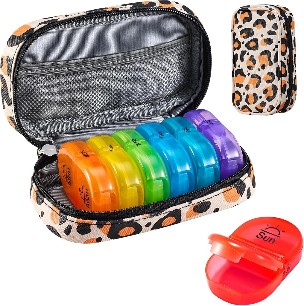 Serfeymi Organizzatore di viaggio settimanale 2 volte al giorno AM Aggiornato Rainbow Pill Box 7 giorno con custodia portatile in pelle PU cerniera, organizzatore di medicina per pillole, vitamine, oli di pesce - marrone 02