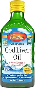 Carlson - Huile de foie de morue, 1100 mg Oméga-3s, Supplément d'huile de poisson liquide, Arctique norvégien sauvage, Lémon, 250 ml