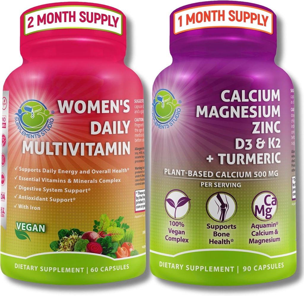 SUPPLEMENTARI STUDIO Comprehensive Wellness & Bone Health Bundle - Multivitamina quotidiana femminile con ferro + calcio piantato, magnesio, zinco, D3, K2 e curcuma - Vegan, non OGM, ingredienti puliti