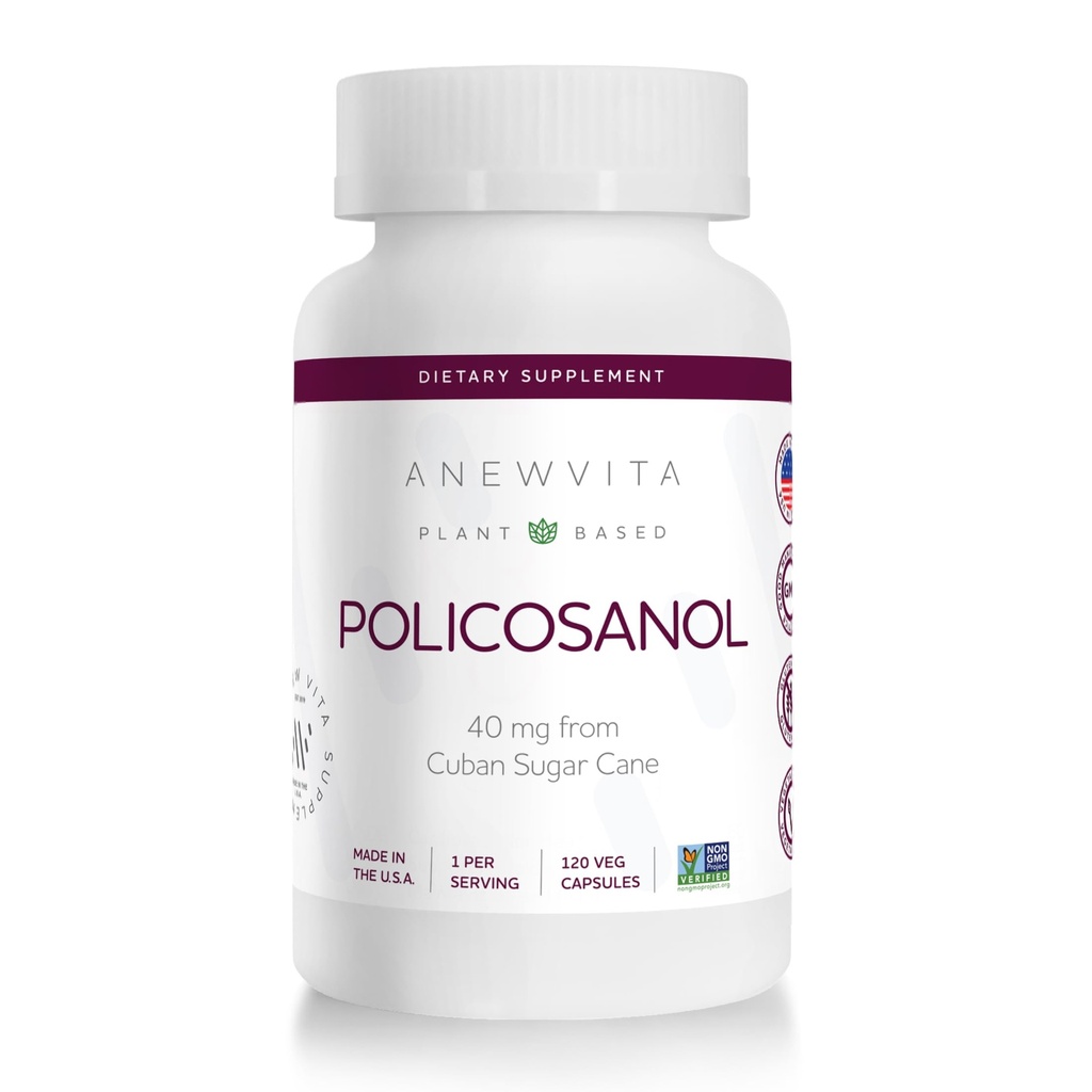 Anew Vitaᅠ Policosanol Supplemento - Livelli lipidi sani, Funzione Platelet & Circulation, Zucchero Fonte Cubana, 40 mg per porzione, Non OGM, Gluten-Free - 120 capsule vegetali, Made in USA