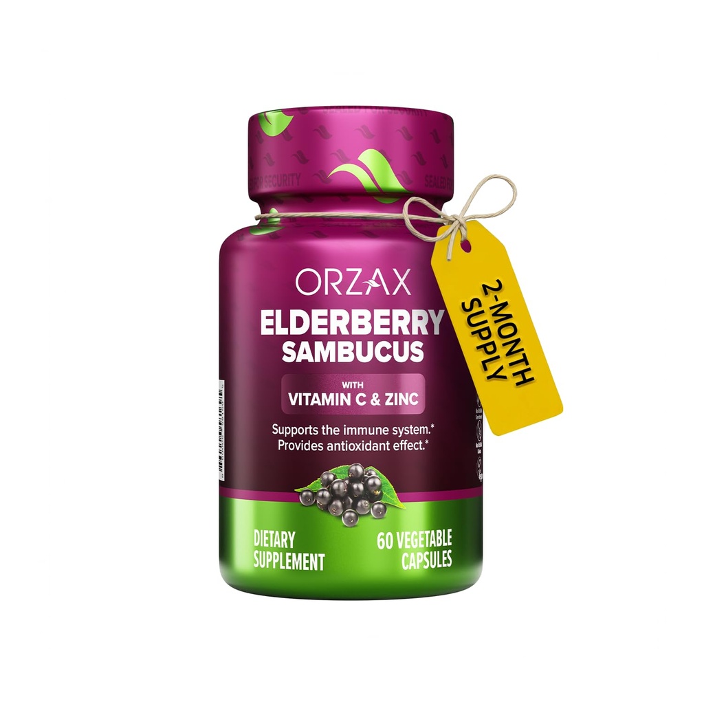 ORZAX Elderberry Capsule - Integratore di Supporto Immune con Vitamina C e Zinco - Antiossidanti Supplemento per Donne e Uomini (60 Capsule Vegetali)