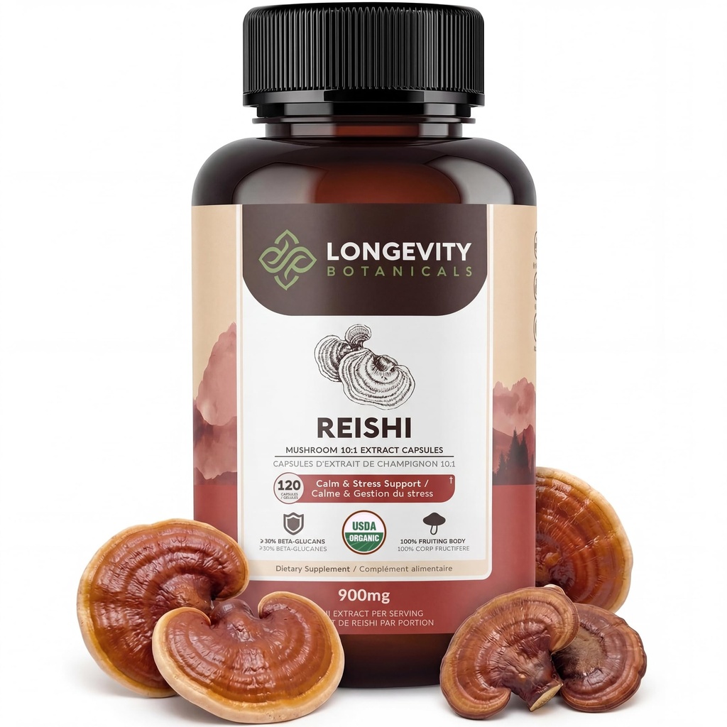 Integratore di capsule di funghi di Reishi organici (120) | Corpo di fruttificazione puro 10:1 Estratto di alta resistenza | Glucani Beta-D 30% | 9.000mg Raw Equivalent Per Serving | Supporto calma, sonno e stress