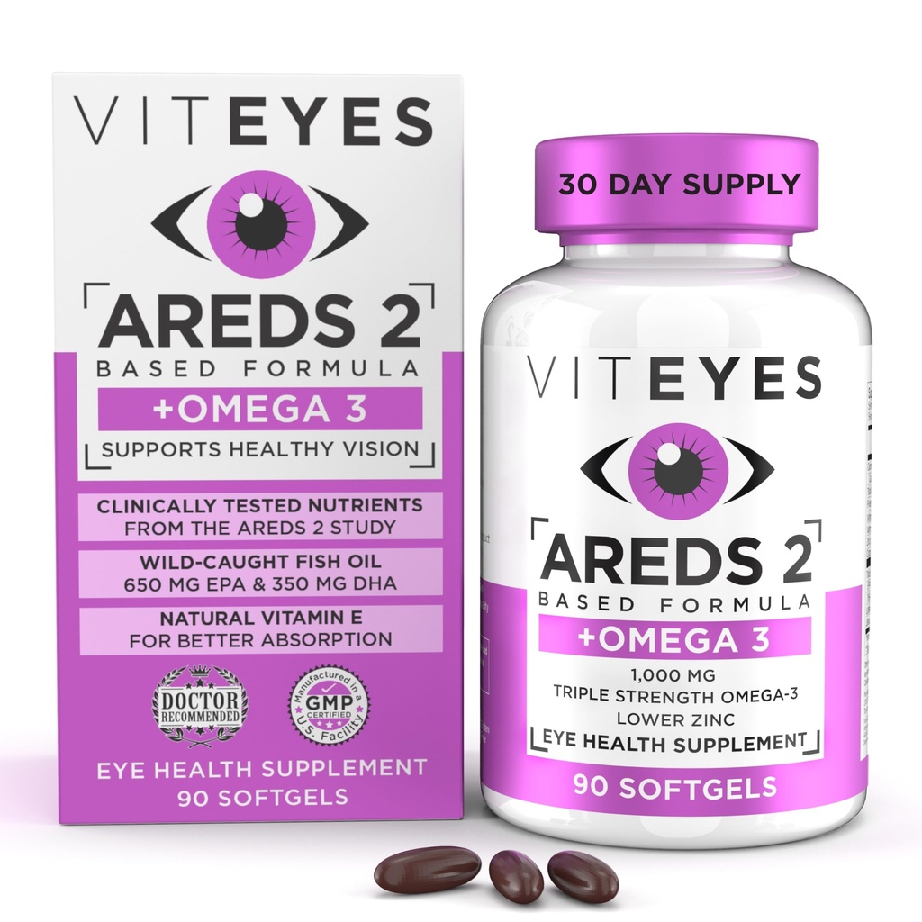 Viteyes AREDS 2 + Omega-3 Macular Health Formula Softgels, Triple Strength Omega-3 (650 mg EPA, 350 mg DHA), Augengesundheit Vitamin für Vision Protection, 90 Softgels