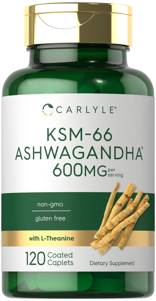 Carlyle KSM-66 Ashwagandha 600mg | 120 Caplets | Extract Supplement mit L-Theanine | Vegan, Non-GMO, Glutenfrei
