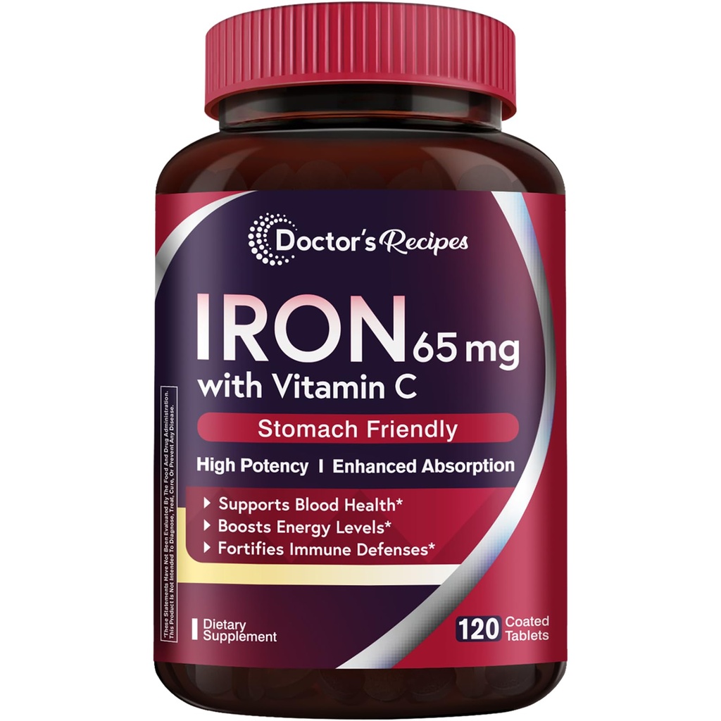 Recettes de médecin Supplément de fer 65 mg avec vitamine C - Absorption maximale et pilules de fer amies de l'estomac pour la formation de globules rouges, le coeur, le cerveau et l'immunité Santé - Végétalien non-OGM 120 Tabs de fer