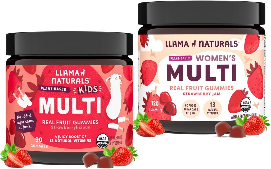 Llama Naturals Real Fruit Multivitamin Gummies | Kids & Women's Whole Food-Based Vitamins | No Added Cane Sugar | Organic, Vegan, Chewable | 90 ct & 120 ct | Erdbeere