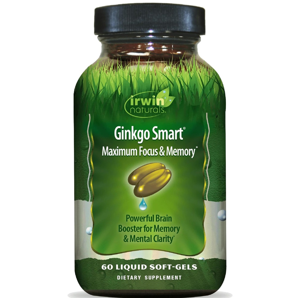 Irwin Naturals Ginkgo Smart Powerful Nootropic Brain Booster - prend en charge la mémoire maximale, le focus et la clarté mentale avec DMAE, Clubmoss, Choline et acétyl L-Carnitine - 60 Softgels liquides