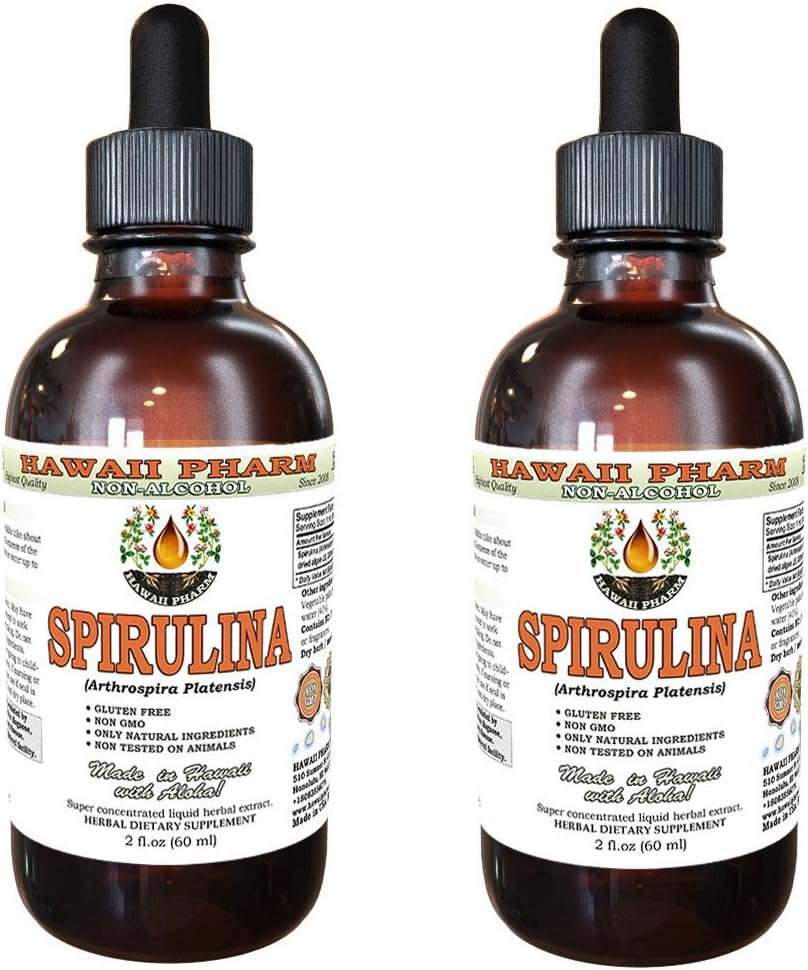 Spiruline Extrait liquide sans alcool, Spiruline biologique (Arthrospira platensis) Algae séché Glycérite supplément à base de plantes naturelles, Hawaii Pharm, États-Unis 2x2 fl.oz