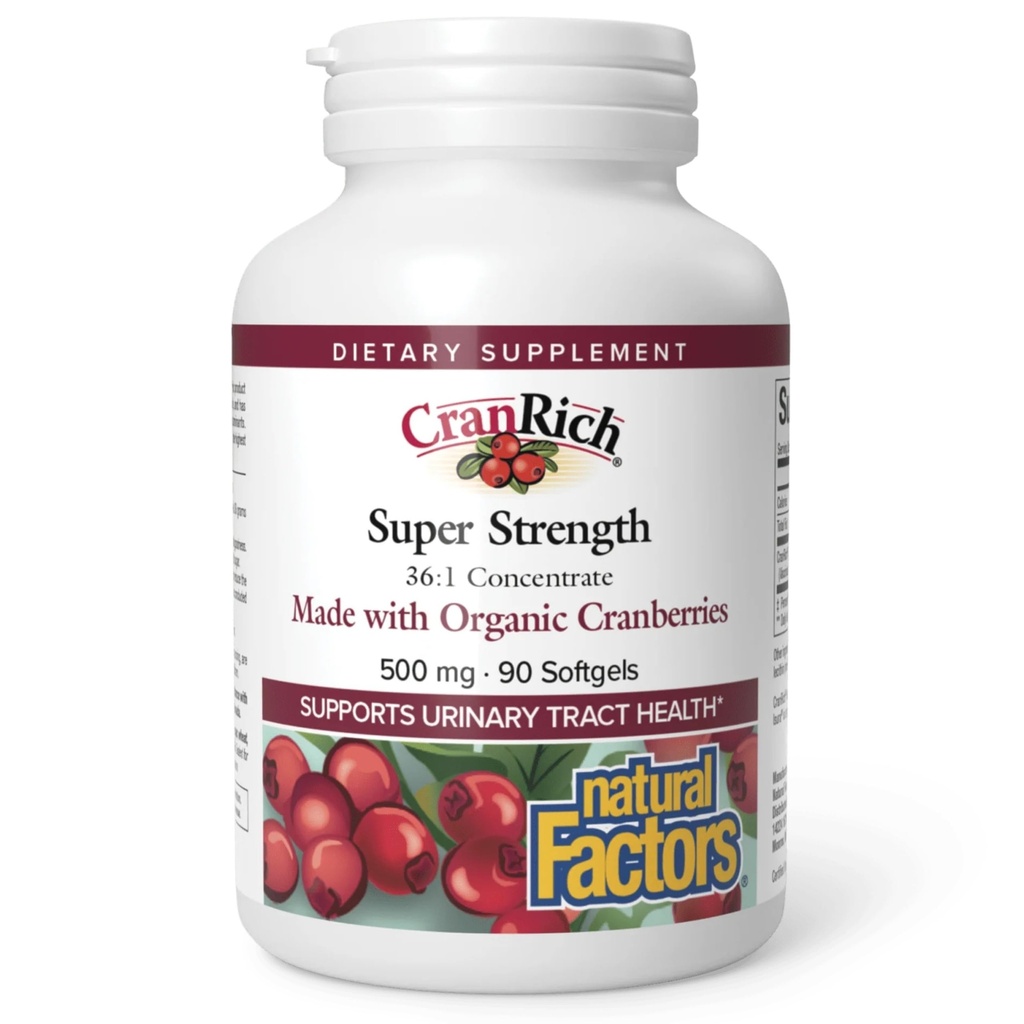 CranRich par facteurs naturels, concentré de canneberges super-forte, supplément antioxydant pour le soutien du tube urinaire, non-OGM, 90 softgels (90 portions)
