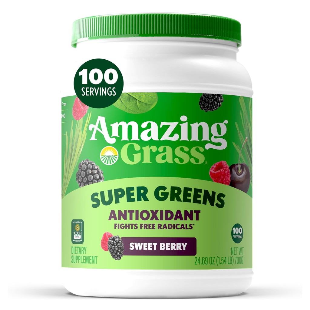 Erstaunliches Gras Grüns Superfood Antioxidans: Grüns Pulver mit Bio Spirulina, Rübenwurzelpulver, Elderberry & Probiotics, Sweet Berry, 100 Portionen (Packaging May Vary)