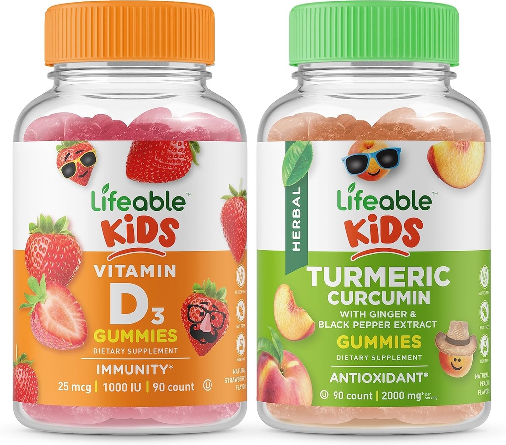 Vita vitamina D bambini + curcumina curcuma curcuma bambini, mucchie Bundle - Grande degustazione, supplemento di vitamina, senza glutine, GMO libero, pancia masticabile