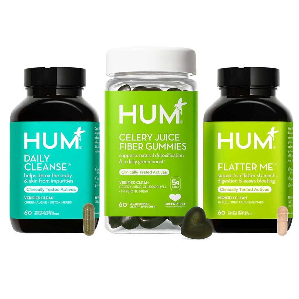 HUM Green Detox Bundle avec Flatter Me Enzymes digestifs, Supplément d'acné de nettoyage quotidien, et Gommies de fibre de jus de céleri avec chlorophylle, 3-Step Wellness Set, soutient la santé digestive et Gut