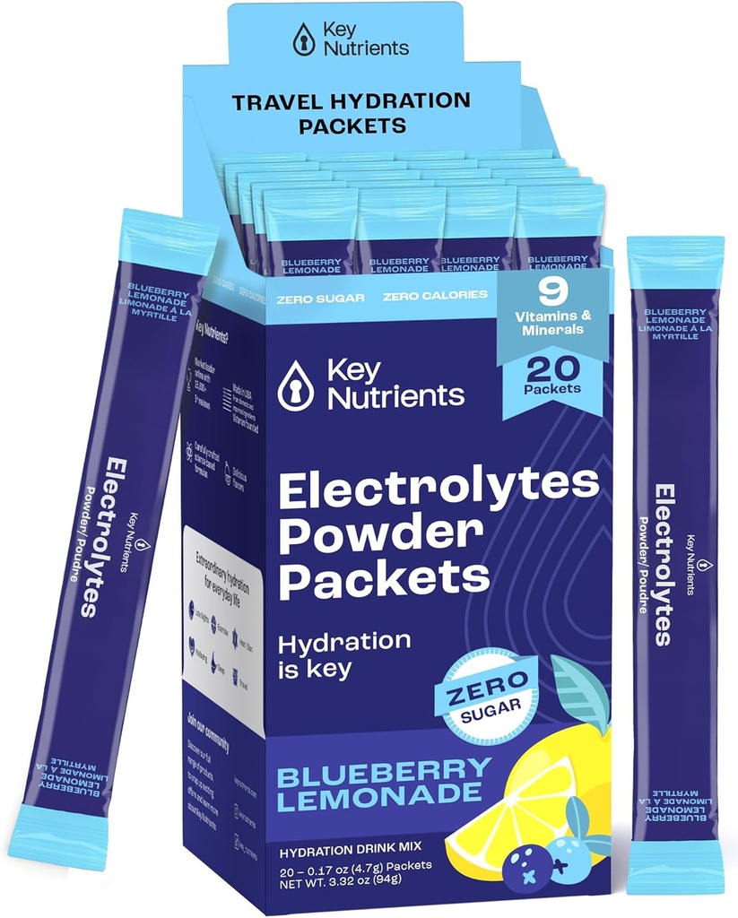 KEY NUTRIENTS Multivitamin Elektrolyte Pulverpackungen - Delicious Blueberry Lemonade 20 Pack Hydration Packets - Travel Hydration Powder - No Sugar, No Calories, Gluten Free - Made in USA