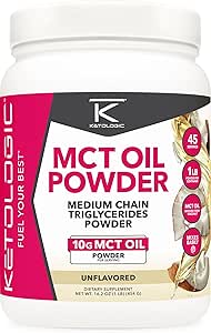 Ketologic MCT Oil Powder Unflavored (1 LB) – Keto Coffee Creamer & Energy Support – 41 Servierungen von Medium Chain Triglyceride für Fokus & Kraftstoff