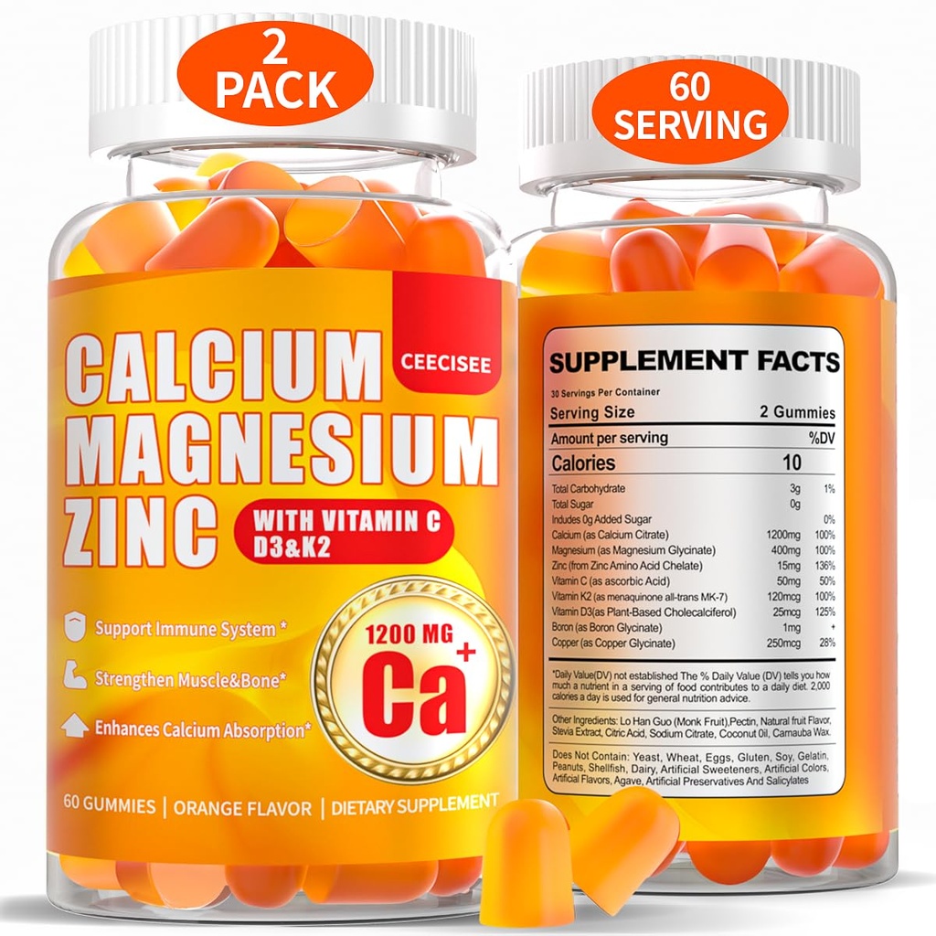 Gommies de magnésium de calcium pour les femmes Hommes: 1200mg Gommy de zinc de citrate de calcium avec vitamine C D3 K2 - Sans sucre végétalien Chewable High Absorption Enegy Imune Support Supplément(120Count)