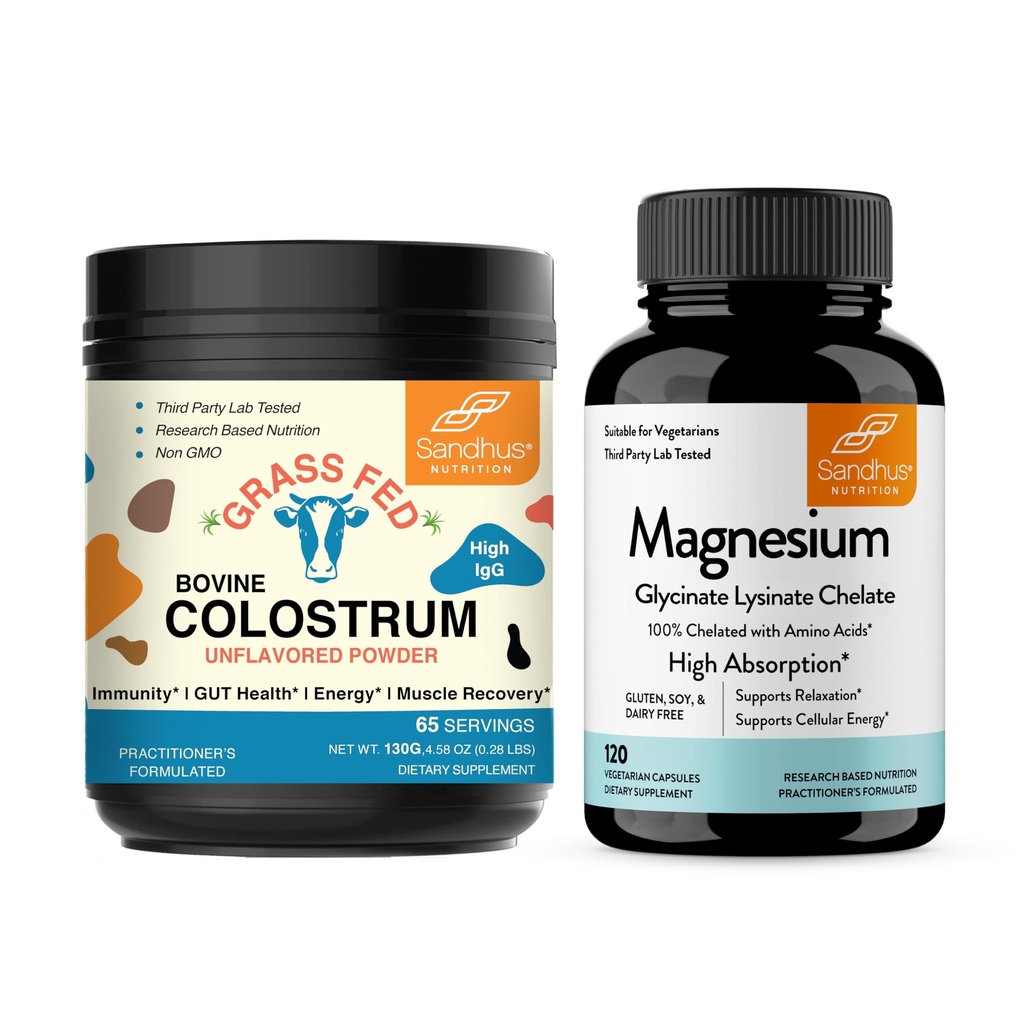 Sandhu's Bovine Colostrum Powder & Magnesium Glycinate Lysinate Kapseln | Hilft Gut, Immune Heath & Sleep Support