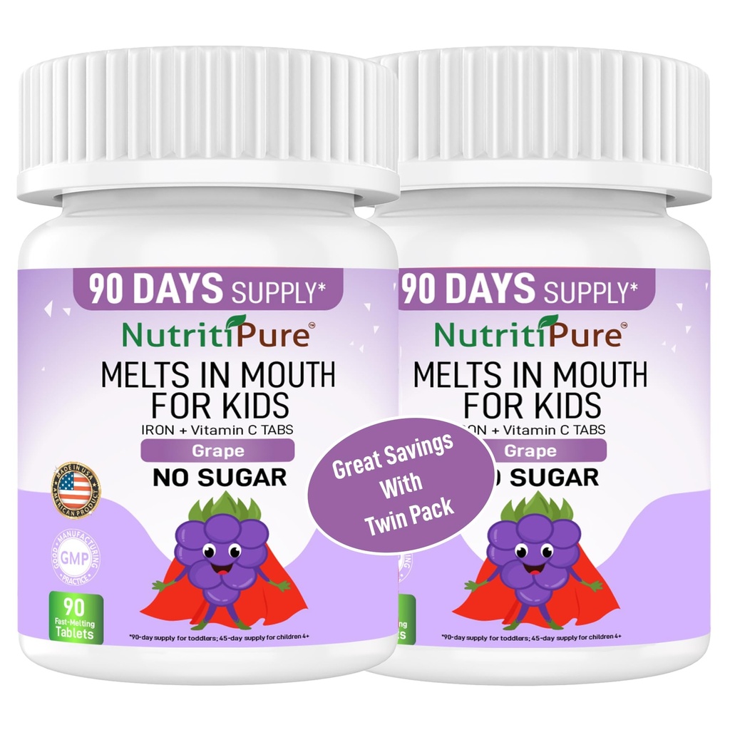 Kids Chewable Iron Supplement, Ferronyl® Carbonyl Iron 9 mg, Vitamin C 30 mg, Grape Flavor, 90 Tabletten (2 Flaschen)