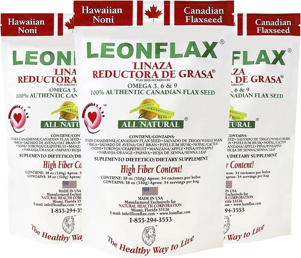Leonflax, 100 % de graines de lin canadiennes authentiques, teneur en fibres naturelles, supplément alimentaire pour améliorer votre santé digestive, 18 oz, sac, Natural Health Corporation (paquet de 3)