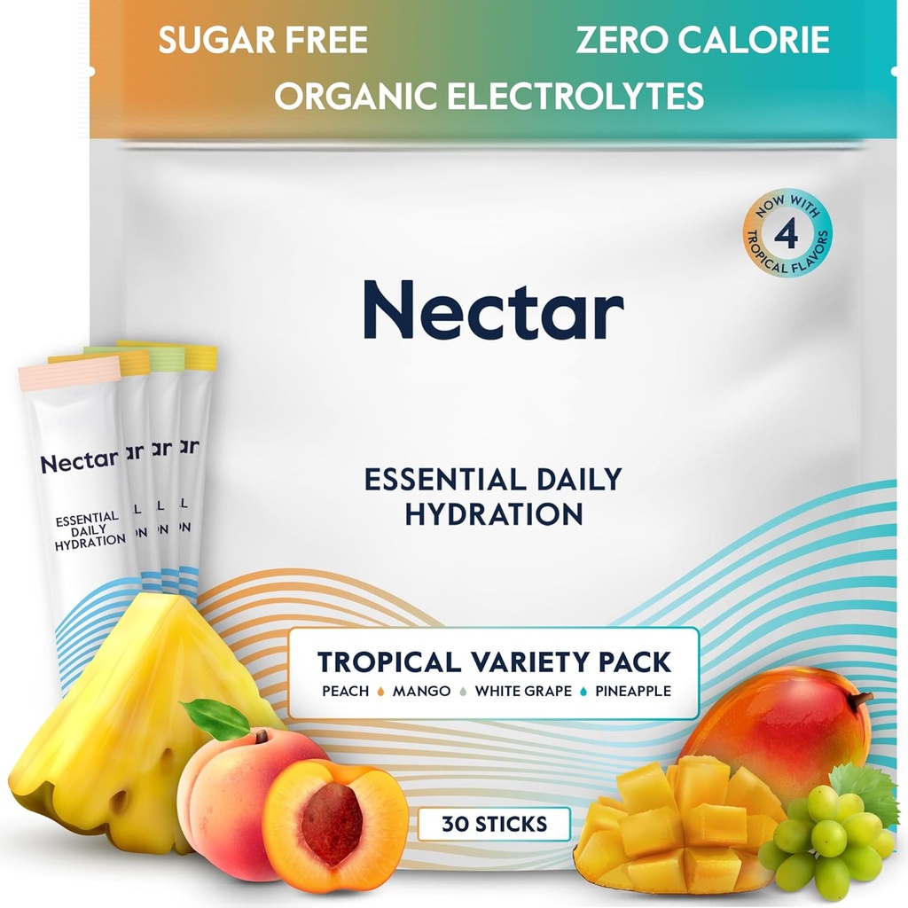 Imballaggio di idratazione di Nectar - Imballaggio di polvere di elettroliti - Zucchero gratuito & 0 Calorie - Polvere di elettroliti del liquido di frutta organica giornaliera IV per la disidratazione del sollievo e della reidrazione (pacchetto di varietà tropicale 30)