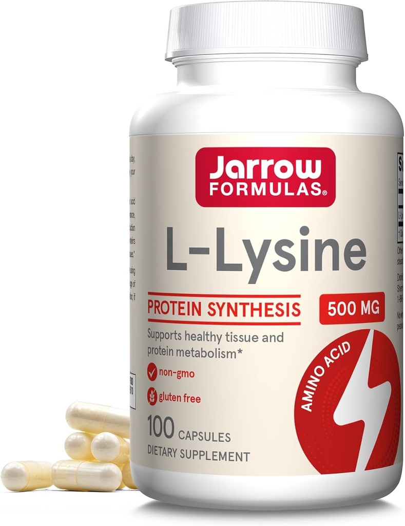 Jarrow Formulas L-Lysine 500 mg, Dietary Supplement, Amino Acid for Protein Synthesis and Healthy Tissue Support, 100 Capsules, 100 Day Supply
