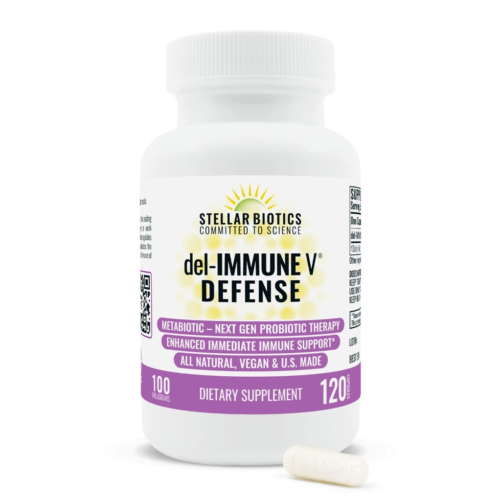 Del-Immune V® Defense by Stellar Biotics, All-Natural Immune Support & Gut Health (+) Assistenza immediata, Metabiotica: Terapia Probiotica NextGen (120 Caps)