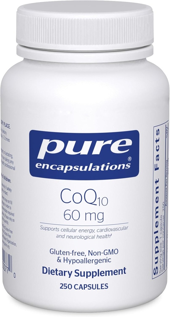 Pure Encapsulations CoQ10 60 mg | Coenzyme Q10 Supplemento per energia, antiossidanti, salute cerebrale e cellulare, cognizione e supporto cardiovascolare* | 250 capsule