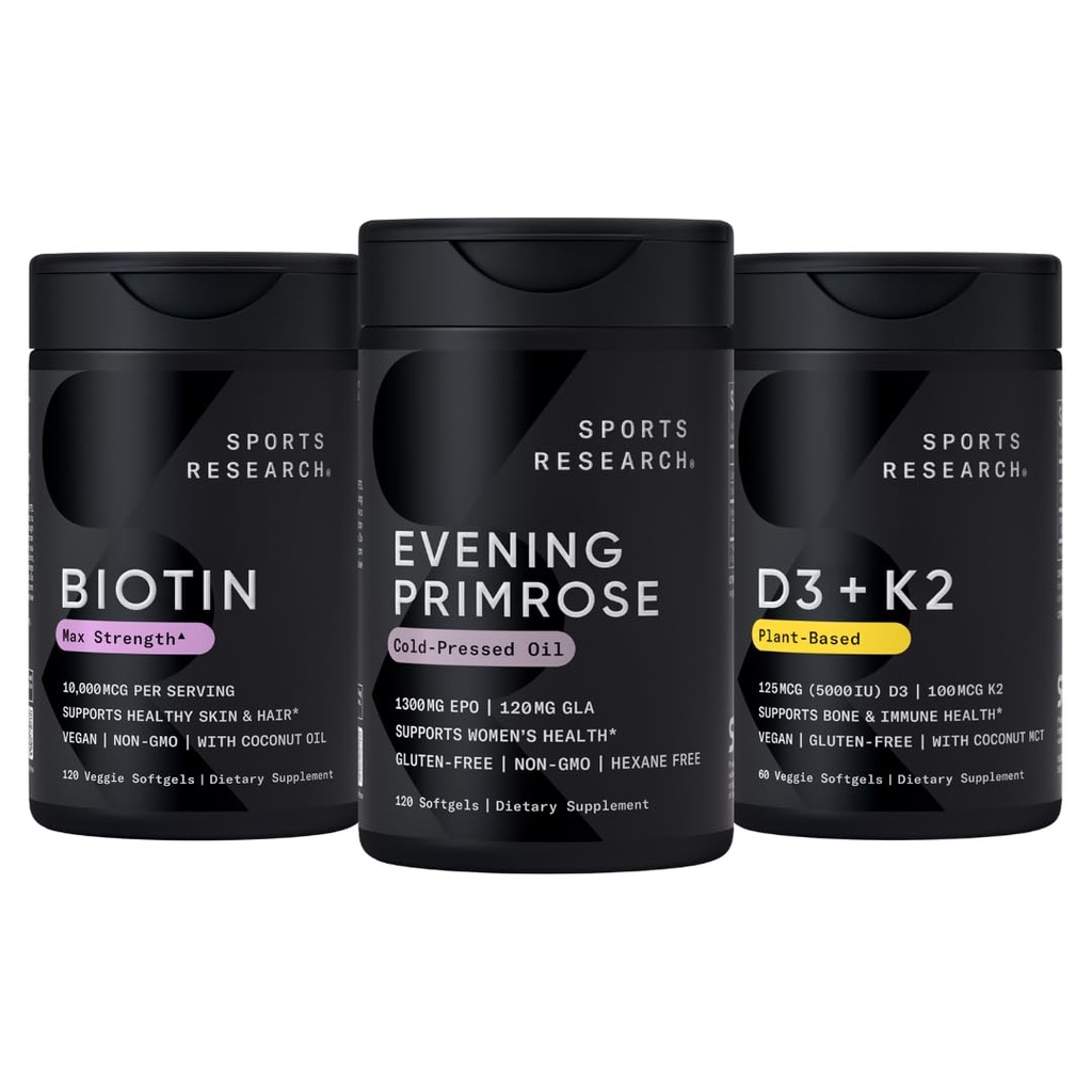 Recherche sportive Biotine végétalienne 10 000mcg avec huile de coco, supplément de Primrose de l'huile pressée froide et de la vitamine végétale K2 MK7 + Vegan D3 5000iu