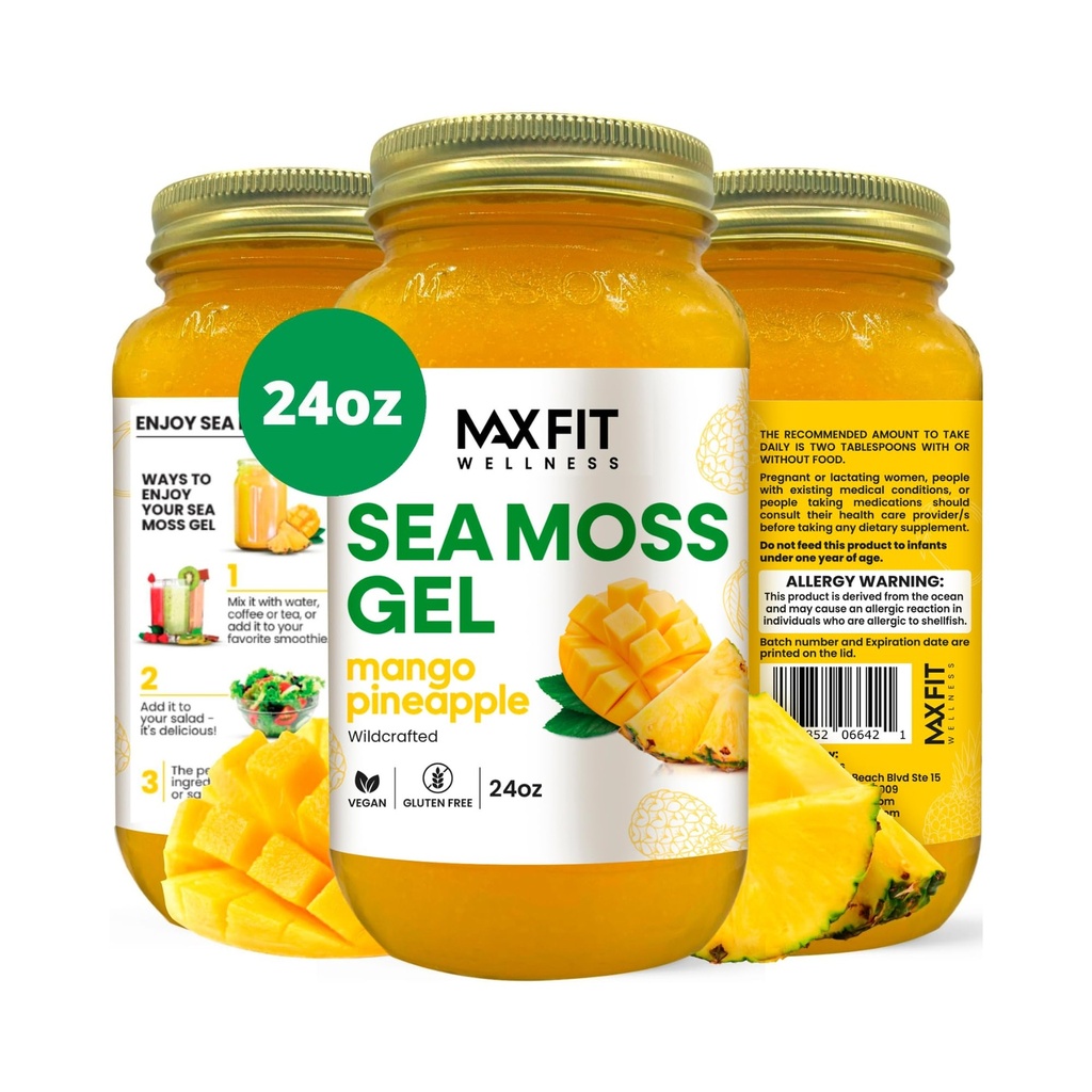 MAX FIT Sea Moss Gel Raw (12 Flavors) 24oz Wildсrafted Gold Sea Moss Gel von Saint Lucia | 92 Vitamine und Mineralien | Pure Raw+Non-GMO | Vegan Superfood
