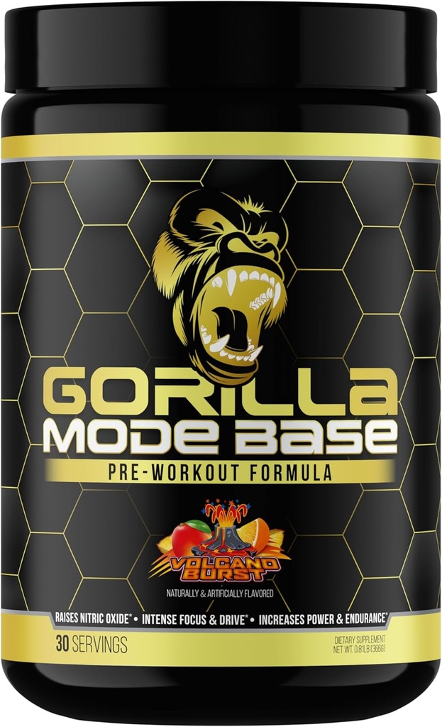 Gorilla Mind Base préentraînement - élève l'oxyde nitrique Intense Focus & Drive Puissance d'endurance - L-Citrulline, L-Tyrosine, Betaine, Alpha-GPC, Caféine, Huperzine A - 360 Grams (Volcano Burst)