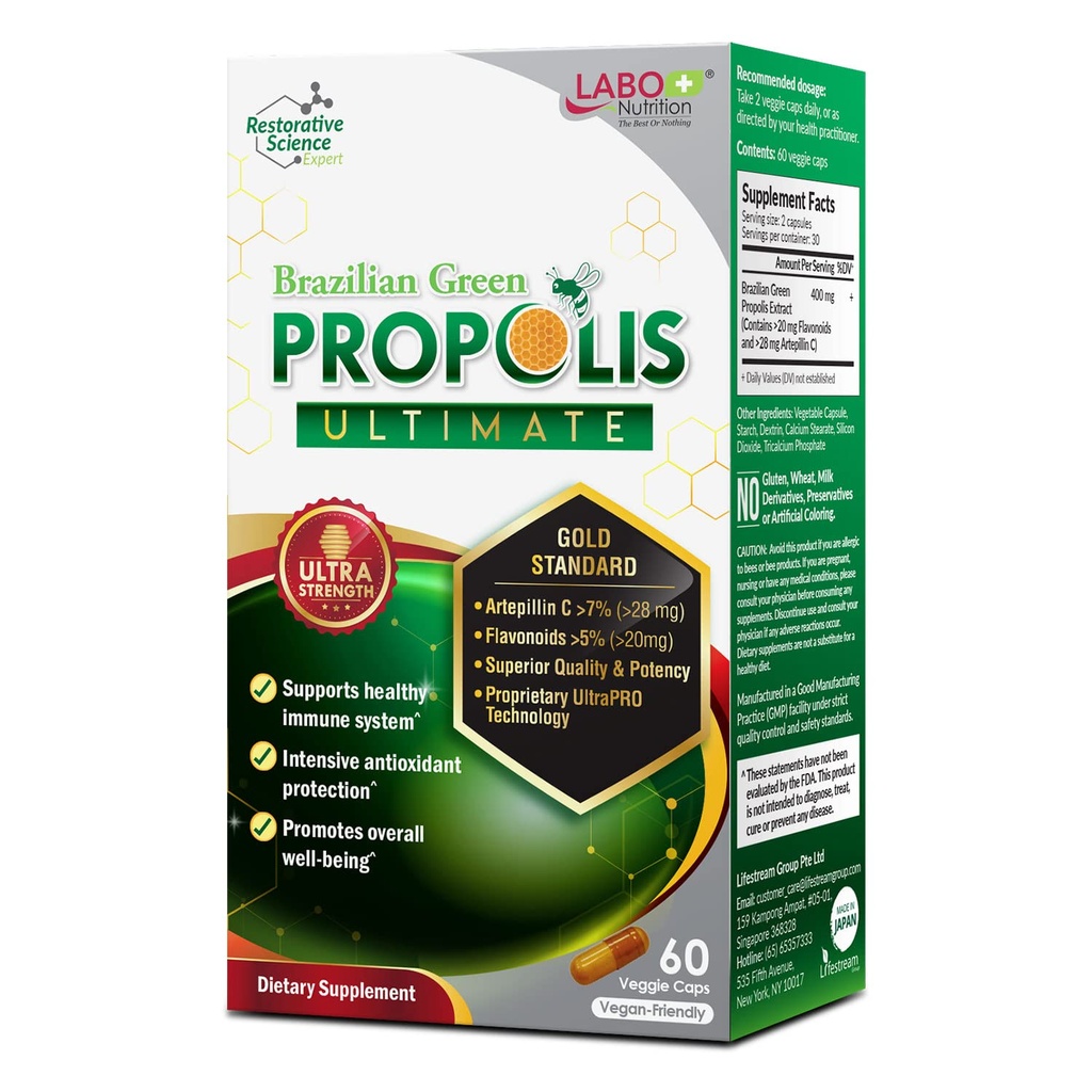 LABO Nutrition Propoli Verde Brasiliana Ultimate - Contiene >7% o 28mg per Serve Artepillina C & >5% Flavonoidi, per Supporto Immune & Cervello, Naturale, Alta Concentrato & Premium, 60 capsule di Veg