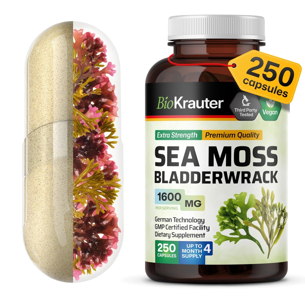 BIO KRAUTER Irish Sea Moss Capsules 1600 mg - 250 Compte - Vegan Bladderwrack avec supplément de mousse de mer Chondrus Crispus
