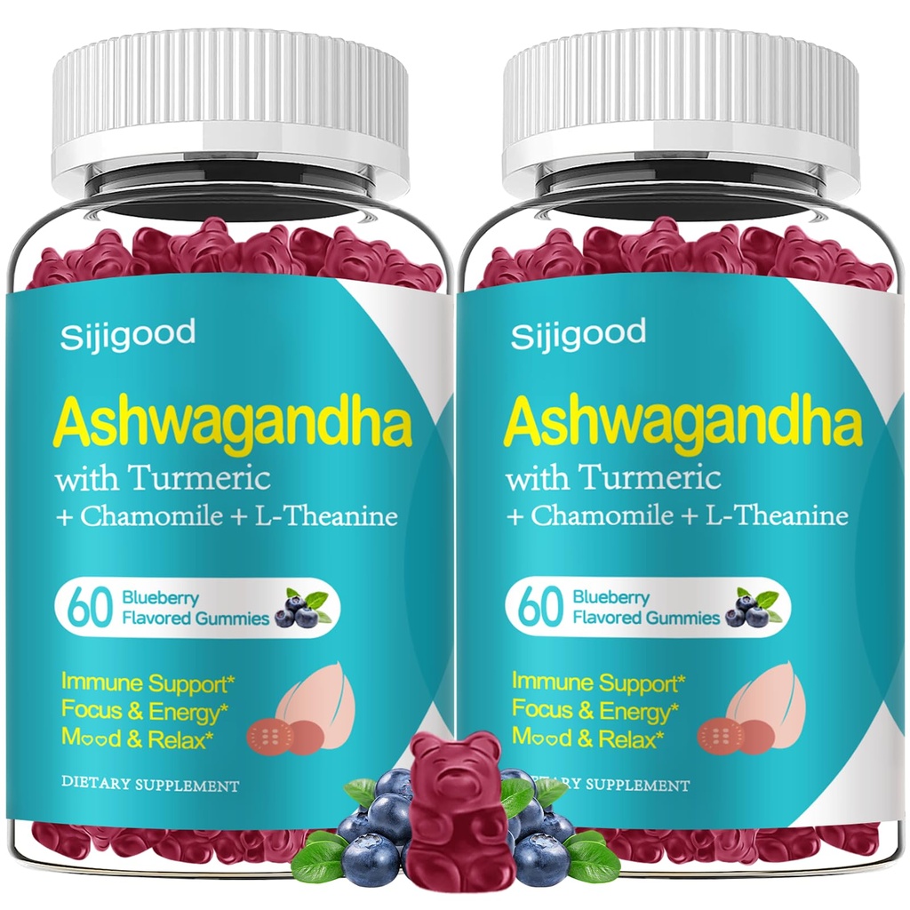 2 Pack Ashwagandha Gummies, Unterstützung für Immunität, Entspannung, ruhige Stimmung & Zzz, Ashwagandha Ergänzungen für Männer & Frauen, natürliche Blaubeeren Geschmack, 120 Count