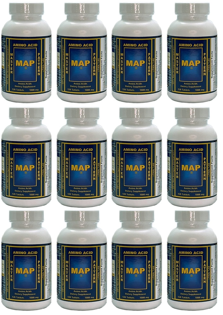 Packung mit 12 Flaschen MAP Master Amino Acid Pattern (120 Tabletten/Bottle) 99% Nettostickstoffverwertung (NNU) - Original Formula von Dr. Luca Moretti