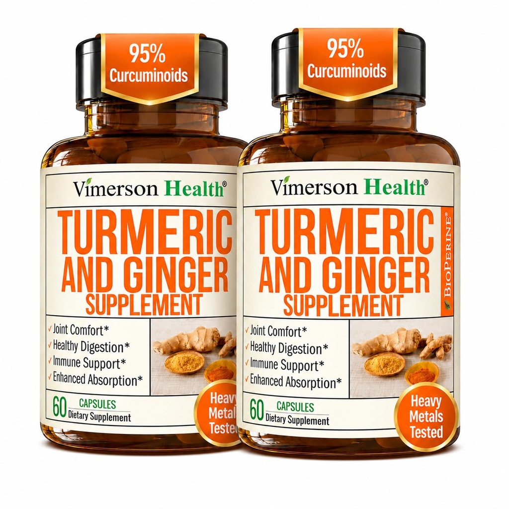 Kurkuma Ergänzung mit Ginger Wurzel für Gelenkunterstützung, Verdauungs- und Gutgesundheit - Enthält Organische Kurkuma Curcumin mit schwarzem Pfeffer (Bioperine) für verbesserte Absorption - 60 Kapseln, 2 Packung