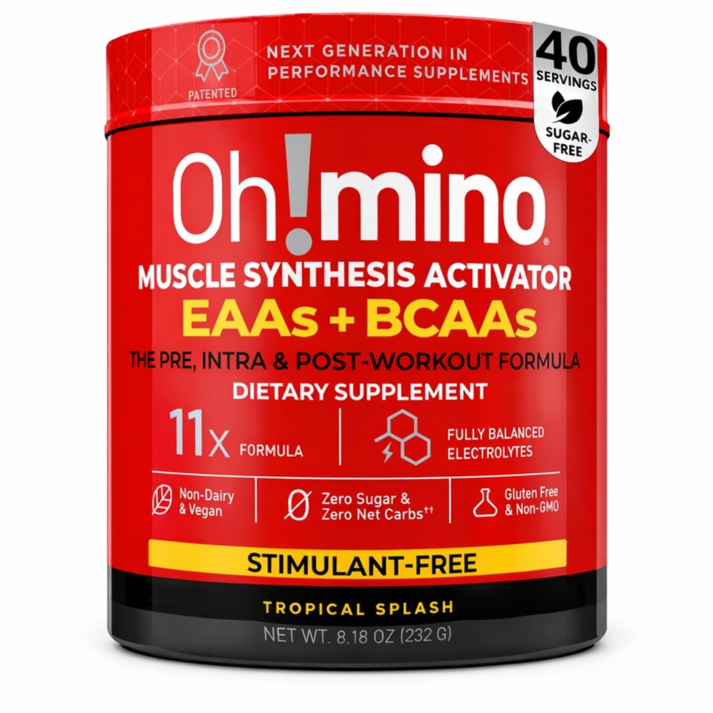 Oh!mino Aminoacidi essenziali supplemento. Splash tropicale, polvere priva di stimolanti. Tutti 9 EAA, BCAA e l'ammino perfetto per allenamenti, amino energia, e per costruire il muscolo, e recuperare più veloce.
