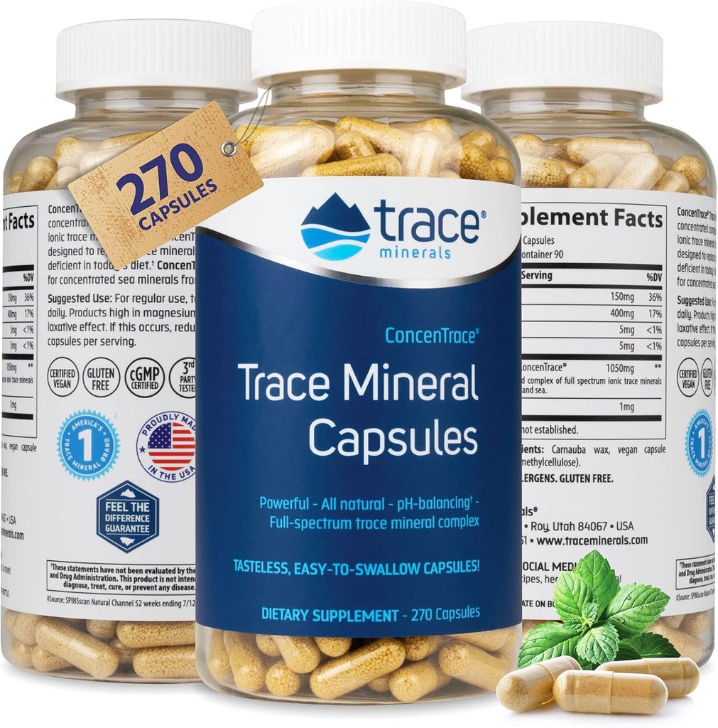 Trace Minerals Low-Sodium ConcenTrace Capsules - Ergänzung zur Unterstützung von Knochen Gesundheit & Körper Energie - Gesunde Hydration & Elektrolyt-Unterstützung - 270 Kapseln (90 Servietten